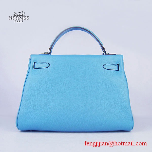 Hermes Kelly 32cm Togo Leather Bag Light Blue 6108 Silver Hardware